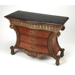 Traditional Wood Brass 3 Drawer Accent Chest With Fossil Stone Top