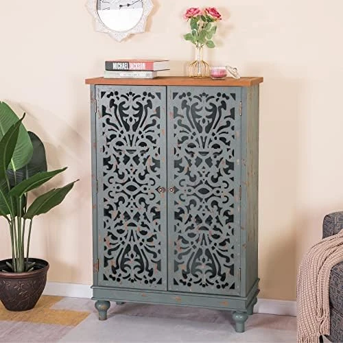 MFSTUDIO Accent Tall Wood Storage Cabinet Buffet Sideboard Hollow-Carved Floral 2 Doors Distressed Decorative For Living Room Kitchen Stand Entryway Hallway, 13.8" Dx31.5 Wx47.4 H, Blue 9 MFSTUDIO Accent Tall Wood Storage Cabinet Buffet Sideboard Hollow-Carved Floral 2 Doors Distressed Decorative For Living Room Kitchen Stand Entryway Hallway, 13.8" Dx31.5 Wx47.4 H, Blue - Image 9