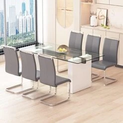JUFU 71" Glass Dining Table Set For 6,Modern Rectangle Dinner Tempered Glass Table Top Of 0.39 Thick And Pu Leather Dining Chairs, Big Kitchen Room Table Set With Durable MDF Frame (White, Set Of 6) -Best Furniture Store 51Tskc Mr6L. AC