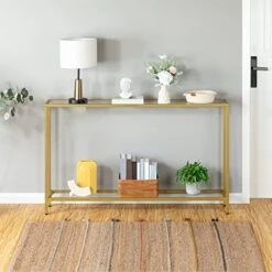 HOOBRO 55.1" Gold Console Table, Narrow Tempered Glass Entryway Table, Sofa Table Behind Couch, Modern Style, Metal Frame, Hallway, Living Room, Gold GD06XG01 -Best Furniture Store 51TtryYEOSL