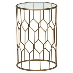 Amazon Brand – Rivet Geometric Modern Glass And Metal Side End Table Stand, 15.6" W, Gold Finish