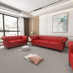 2 Piece Living Room Set, Velvet Chesterfield Sofa Loveseat Couch With Scroll Arms And Nailhead For Living Room, Office (Grey) -Best Furniture Store 51U4JmsFqEL. AC