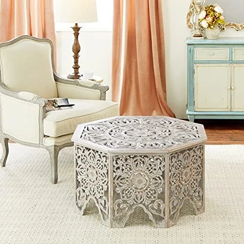 Deco 79 Wood Floral Handmade Intricately Carved Coffee Table With Hollow Interior, 33" X 33" X 18", Light Gray 8 Deco 79 Wood Floral Handmade Intricately Carved Coffee Table With Hollow Interior, 33" X 33" X 18", Light Gray - Image 8
