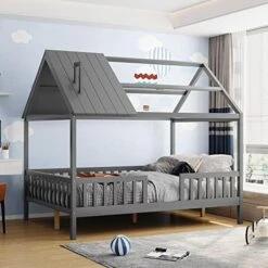 GAOWEI Full Size House Bed,Full Wood House Bed Frame,Full Size Bed With Roof,Chimney And Fence For Kids,Teens,Girls,Boys,Full Size House Bed For Kids (House Bed-Gray) -Best Furniture Store 51U4v0Jr3tL. AC 1