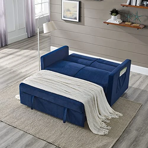 Yomony Loveseats Sofa Bed With Pull-Out Bed, Futon Sets Couch With Adjsutable Back And Two Arm Pocket, Blue (54.5"x33"x31.5") 4 Yomony Loveseats Sofa Bed With Pull-Out Bed, Futon Sets Couch With Adjsutable Back And Two Arm Pocket, Blue (54.5"x33"x31.5") - Image 4