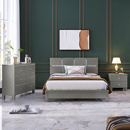Queen Size Platform Bed With 2 Nightstands, 3 Pieces Queen Bedroom Set, Wood Queen Bed With Headboard, Queen Bedroom Furniture Sets (Champagne Silver) 7 Queen Size Platform Bed With 2 Nightstands, 3 Pieces Queen Bedroom Set, Wood Queen Bed With Headboard, Queen Bedroom Furniture Sets (Champagne Silver) - Image 7