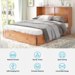 Urphy Bed, Cabinet Bed With Trifold Foam Mattress, Queen Size Cabinet Chest Bed With USB Charging Station& Large Drawers For Living Room (Russet Brown,Poplar) -Best Furniture Store 51UVFT6nmzL