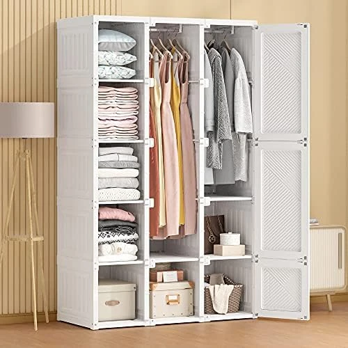 Portable Closet Clothes Wardrobe Plastic Bedroom Armoire 14"x20" Depth Cube Storage Organizer With Hanging Rod And Doors,15 Cubes, White (Door Accessories) 7 Portable Closet Clothes Wardrobe Plastic Bedroom Armoire 14"x20" Depth Cube Storage Organizer With Hanging Rod And Doors,15 Cubes, White (Door Accessories) - Image 7