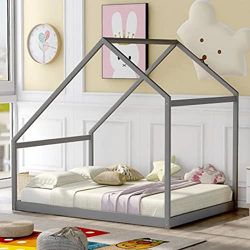 Harper&Bright Designs House Bed Full Size For Kids ,Wooden House Floor Bed , Simplistic Kids House Full Bed Frame For Toddlers, Girls, Boys ,Box Spring Needed,Grey 3 Harper&Bright Designs House Bed Full Size For Kids ,Wooden House Floor Bed , Simplistic Kids House Full Bed Frame For Toddlers, Girls, Boys ,Box Spring Needed,Grey - Image 3