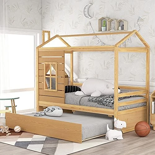 Harper & Bright Designs Twin House Bed With Trundle Bed, Wood Twin Size Daybed For Girls Boys,Kids Platform Bed Frame With Roof Twin Cabin Bed For Bedroom,Pink+White 12 Harper & Bright Designs Twin House Bed With Trundle Bed, Wood Twin Size Daybed For Girls Boys,Kids Platform Bed Frame With Roof Twin Cabin Bed For Bedroom,Pink+White - Image 12