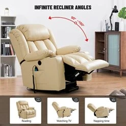 LEISLAND Power Lift Chairs Recliners For Elderly, Breathable Leather Recliner Chairs With Massage And Heat, Lay Flat Sleeper Chair With Cup Holder,OKIN Motor,USB Charge Port, Remote Control(Beige) -Best Furniture Store 51UoHAy6gWL