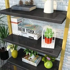 AWQM Industrial Wall Mounted Ladder Shelf, 5 Tier Bookshelf, Ladder Bookcase With Metal Frame, Organizer Plant Flower Display Stand, Open Bookcase Rack For Home Office, Balcony, Bathroom, Gold &Black -Best Furniture Store 51UsjSKWTfL