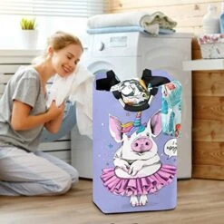 Kaariok Cute Pig Ballerina Tutu Unicorn Cartoon Star Purple Animal Laundry Hamper With Handles Waterproof Collapsible Storage Basket Large Dirty Clothes Bin For Laundry Room, 22.7 Inches -Best Furniture Store 51Ut0roOT0L
