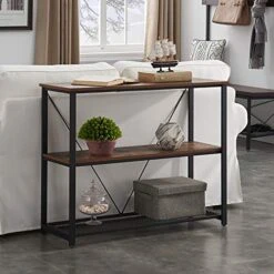 FELLYTN Console Tables For Entryway, Industrial Narrow Sofa Table With Metal Mesh Shelf 3 Tier Hallway Table, 31 Inch Rustic Brown -Best Furniture Store 51UtdsEwdjL