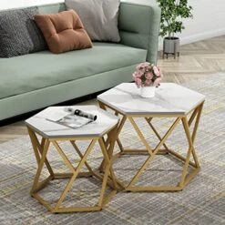 Auromie Nesting Coffee Table Set Of 2, Hexagonal Side End Tables With Metal Frame, Modern Center Tables With Faux Marble Top For Living Room, Office, Balcony, Small Nightstands For Bedroom, White&Gold