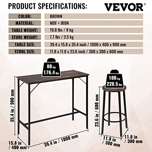 VEVOR Bar Table And Chairs Set 39" Pub Table Set With 2 Bar Stools Kitchen Dining Table And Chairs Set For 2 Iron Frame Counter Height Dining Sets For Home, Kitchen, Living Room 7 VEVOR Bar Table And Chairs Set 39" Pub Table Set With 2 Bar Stools Kitchen Dining Table And Chairs Set For 2 Iron Frame Counter Height Dining Sets For Home, Kitchen, Living Room - Image 7