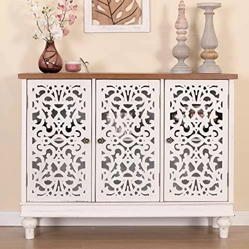 MFSTUDIO Accent Tall Wood Storage Cabinet Buffet Sideboard Hollow-Carved Floral 2 Doors Distressed Decorative For Living Room Kitchen Stand Entryway Hallway, 13.8" Dx31.5 Wx47.4 H, Blue 8 MFSTUDIO Accent Tall Wood Storage Cabinet Buffet Sideboard Hollow-Carved Floral 2 Doors Distressed Decorative For Living Room Kitchen Stand Entryway Hallway, 13.8" Dx31.5 Wx47.4 H, Blue - Image 8