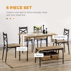 HOMCOM Industrial Dining Table Set For 6 People, 6 Piece Kitchen Table And Chairs Set, Dinner Table With Bench, Steel Frame And Storage Shelf, Dinette Set, Rustic Brown -Best Furniture Store 51VLxu9LKUL