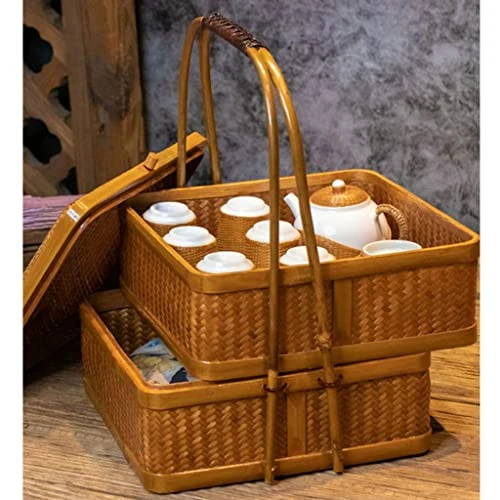 DOUBAO Vintage Large Double-layer Basket Tea Set Storage Box Handwoven Vintage Environmental Basket 2 DOUBAO Vintage Large Double-layer Basket Tea Set Storage Box Handwoven Vintage Environmental Basket - Image 2
