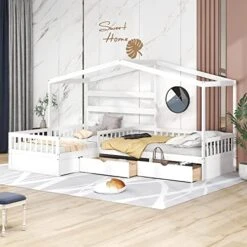 House Bed Double Twin Beds, Wood L-Shaped 2 Twin Platform Beds With Storage Drawers,Montessori Bed With Roof ,Fence And Slatted Design, Corner Playhouse Bed Frame For Kids Girls Boys ,White -Best Furniture Store 51W3xTAza4L