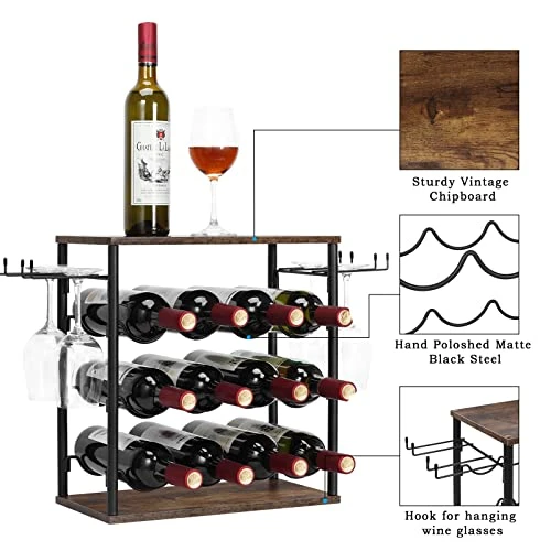 Melos Wine Rack, 12 Bottle Wine Holder Stand For Table, 3 Tier Freestanding Small Wine Rack Countertop, Wine Shelf For Cabinet, Home, Kitchen, Bar, Hotel, Restaurant, Brown 2 Melos Wine Rack, 12 Bottle Wine Holder Stand For Table, 3 Tier Freestanding Small Wine Rack Countertop, Wine Shelf For Cabinet, Home, Kitchen, Bar, Hotel, Restaurant, Brown - Image 2