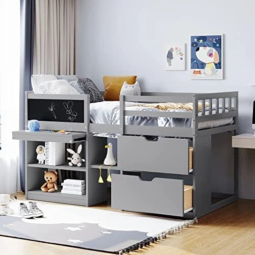 Low Loft Bed With Storage Drawers And Bookshelf Twin Size Junior Loft Bed Frame With A Mini Desk And Blackboard, Wooden Loft Beds For Kids Boys Girls Teens, White 11 Low Loft Bed With Storage Drawers And Bookshelf Twin Size Junior Loft Bed Frame With A Mini Desk And Blackboard, Wooden Loft Beds For Kids Boys Girls Teens, White - Image 11