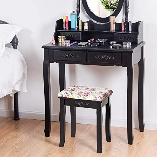 Vanity Stool Wood Dressing Padded Chair Makeup Piano Seat Make Up Bench W/Rose Cushion (Black) 2 Vanity Stool Wood Dressing Padded Chair Makeup Piano Seat Make Up Bench W/Rose Cushion (Black) - Image 2