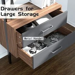 LyuHome Wall Mounted Ladder Shelf, Modern 5-Tier Ladder Bookshelf With Drawers, Metal And Wood Bookcase With Storage Cabinet For Home Office Walnut -Best Furniture Store 51WcZiyU7lL