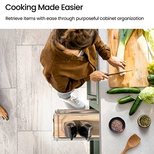 Home Zone Living Pull Out Kitchen Cabinet Organizer With Two Tiers Of Storage, 7.5” W X 20” D, Satin Nickel With Light Brown Wood Finish, Virtuoso Collection 5 Home Zone Living Pull Out Kitchen Cabinet Organizer With Two Tiers Of Storage, 7.5” W X 20” D, Satin Nickel With Light Brown Wood Finish, Virtuoso Collection - Image 5