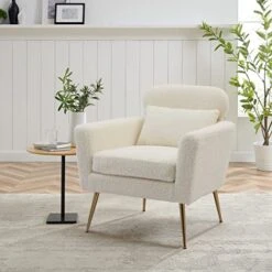 Mikibama Mid Century Modern Accent Chair Upholstered Reading Chair Armchair With Metal Legs And Throw Pillow Side Chair For Living Room Bedroom Office (Ivory,Teddy Fabric) -Best Furniture Store 51Wkjo7E56L