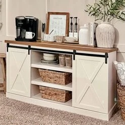 PHI VILLA Farmhouse Coffee Bar Cabinet - Sliding Barn Door Kitchen Sideboard Buffet Storage Cabinet -Best Furniture Store 51WsYmTclaL. AC