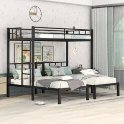 UBGO Triple Twin Bunk Bed, Can Be Separated Into 3 Twin Beds Metal Full Bunk Bed With Two-Side Stairs And Shelf，Metal Loft Bed For Adult Kids Student Dormitory Bedroom Furniture Set, Black
