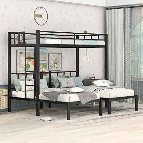 UBGO Triple Twin Bunk Bed, Can Be Separated Into 3 Twin Beds Metal Full Bunk Bed With Two-Side Stairs And Shelf,Metal Loft Bed For Adult Kids Student Dormitory Bedroom Furniture Set, Black 1 UBGO Triple Twin Bunk Bed, Can Be Separated Into 3 Twin Beds Metal Full Bunk Bed With Two-Side Stairs And Shelf,Metal Loft Bed For Adult Kids Student Dormitory Bedroom Furniture Set, Black