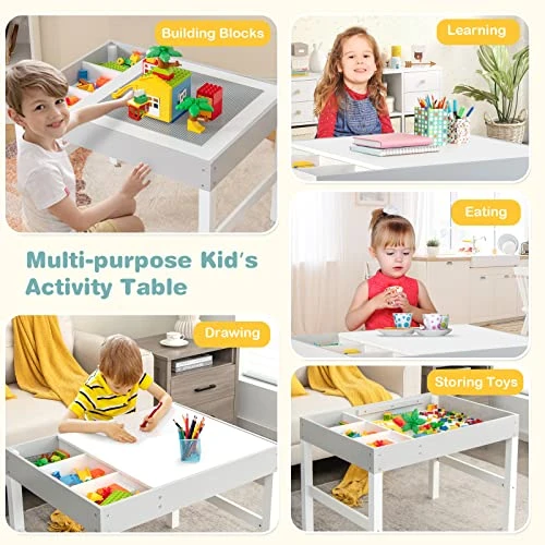 Costzon Kids Table, 3 In 1 Wooden Building Block Desk W/Storage, Double-Sided Tabletop For Toddler Arts, Crafts, Drawing, Reading, Playing, Gift For Boys Girls, Children Activity Table (White & Gray) 4 Costzon Kids Table, 3 In 1 Wooden Building Block Desk W/Storage, Double-Sided Tabletop For Toddler Arts, Crafts, Drawing, Reading, Playing, Gift For Boys Girls, Children Activity Table (White & Gray) - Image 4