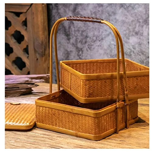 DOUBAO Vintage Large Double-layer Basket Tea Set Storage Box Handwoven Vintage Environmental Basket 4 DOUBAO Vintage Large Double-layer Basket Tea Set Storage Box Handwoven Vintage Environmental Basket - Image 4