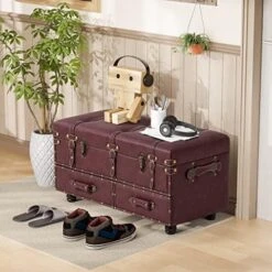 LONYKE Vintage Treasure Chest Bench With Latch Closure And Buckle Trunk, Farmhouse Faux Leather Storage Ottoman Bench For Living Room, Entryway, Bedroom, Sponge Padded ，Black Brown -Best Furniture Store 51XSS5b4F5L. AC