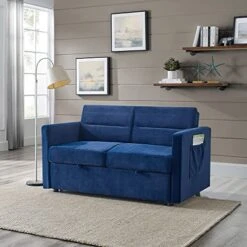 Yomony Loveseats Sofa Bed With Pull-Out Bed, Futon Sets Couch With Adjsutable Back And Two Arm Pocket, Blue (54.5"x33"x31.5")