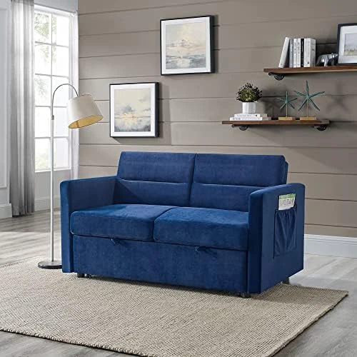 Yomony Loveseats Sofa Bed With Pull-Out Bed, Futon Sets Couch With Adjsutable Back And Two Arm Pocket, Blue (54.5"x33"x31.5") 7 Yomony Loveseats Sofa Bed With Pull-Out Bed, Futon Sets Couch With Adjsutable Back And Two Arm Pocket, Blue (54.5"x33"x31.5") - Image 7