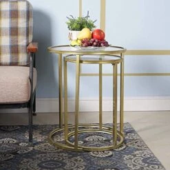 RiteSune Gold Glass Nesting Side End Tables Set Of 2, Round Small Stacking Drink Coffee Table For Small Space, Living Room, Bedroom, Christmas, New Year -Best Furniture Store 51XgPyKnJxL