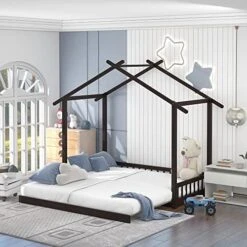 MERITLINE Twin Size House Bed With Roof, Low Loft Bed With Two Front Windows, Playhouse Bed Frame For Kids, Teens, Boys & Girls (White&Brown) -Best Furniture Store 51XmNal7E3L. AC