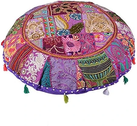 KLAVATE Indian Handmade Vintage Patchwork Cotton Boho Chic Bohemian Hand Embroidered Decorative Ethnic Foot Stool Round Floor Pillows & Cushion Cover Seating Pouf Ottoman (Purple, 18 Inch) 6 KLAVATE Indian Handmade Vintage Patchwork Cotton Boho Chic Bohemian Hand Embroidered Decorative Ethnic Foot Stool Round Floor Pillows & Cushion Cover Seating Pouf Ottoman (Purple, 18 Inch) - Image 6