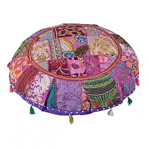 KLAVATE Indian Handmade Vintage Patchwork Cotton Boho Chic Bohemian Hand Embroidered Decorative Ethnic Foot Stool Round Floor Pillows & Cushion Cover Seating Pouf Ottoman (Purple, 18 Inch) 1 KLAVATE Indian Handmade Vintage Patchwork Cotton Boho Chic Bohemian Hand Embroidered Decorative Ethnic Foot Stool Round Floor Pillows & Cushion Cover Seating Pouf Ottoman (Purple, 18 Inch)