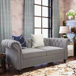 2 Piece Living Room Set, Velvet Chesterfield Sofa Loveseat Couch With Scroll Arms And Nailhead For Living Room, Office (Grey) -Best Furniture Store 51XxAMkrOZL