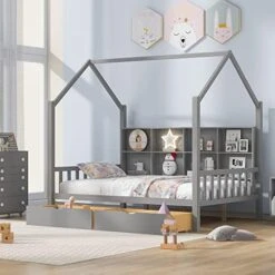 DEINPPA Twin Size House Bed With Bookcase Headboard, Wooden House Bed Frame With Fence Guardrails And Drawers, No Box Spring Needed, For Kids Toddler-Grey 21 DEINPPA Twin Size House Bed With Bookcase Headboard, Wooden House Bed Frame With Fence Guardrails And Drawers, No Box Spring Needed, For Kids Toddler-Grey -Best Furniture Store 51XyNhklB7L. AC
