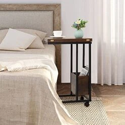 Hadulcet Sofa Side Table, Foldable End Table With Storage Basket, C Shaped Table With Wheels For Living Room Bedroom Small Spaces, Rustic Brown -Best Furniture Store 51Y5nV0E8hL