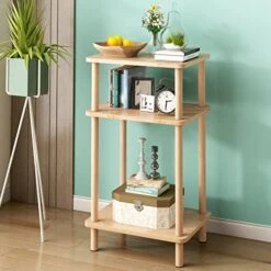 Exilot Solid Wood Side Table, 3-Tier End Table With Storage Shelves, Tall Nightstand Bedside Table For Living Room Bedroom Office No-Tool Assembly.