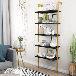 AWQM Industrial Wall Mounted Ladder Shelf, 5 Tier Bookshelf, Ladder Bookcase With Metal Frame, Organizer Plant Flower Display Stand, Open Bookcase Rack For Home Office, Balcony, Bathroom, Gold &Black -Best Furniture Store 51YJ59If0nL