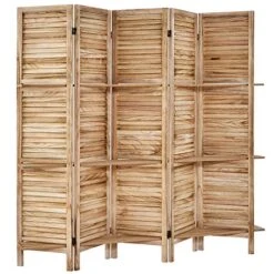 5.6 Ft Wood Room Divider, 5 Panel Panel Divider&Room Dividers, Partition Divider,Decorative Panel, Folding Privacy Screen Panels, Room Dividers With 3 Shelves And Privacy Screens (5 Panel,Natural)