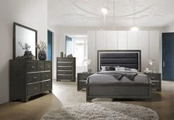 – 6-Piece Gray Wood With Faux Leather Headboard Queen Bedroom Set. Bed, Dresser, Mirror, Chest, 2 Night Stands -Best Furniture Store 51Ybq3PYwwL. AC