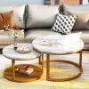 AWQM Nesting Coffee Table Set Of 2, Round End Table Modern Stacking Side Table With Faux Marble Top And Metal Frame For Living Room, Bedroom And Balcony, White